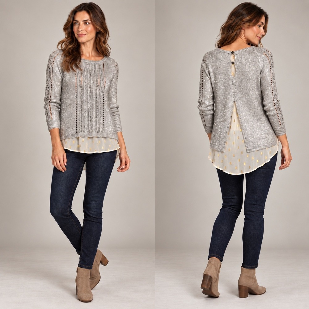 Lucky Brand XS Metallic Shimmer Knit Sweater Sheer Gold Dot High Low Layered Top